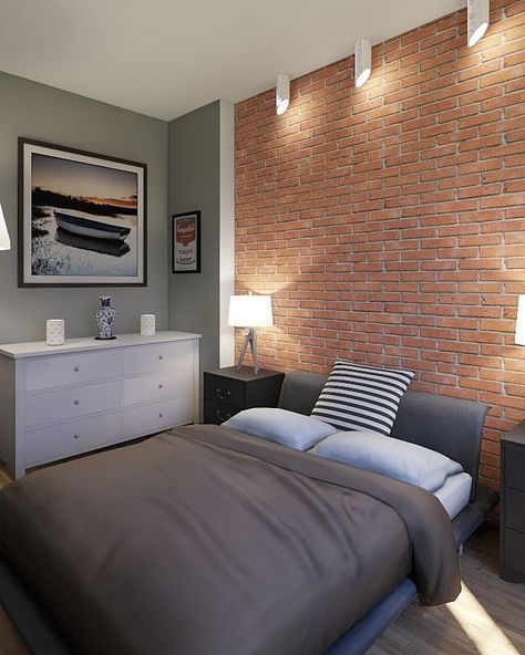 Design your dream bedroom with Homestyler  #bedroom Brick Room Ideas Bedrooms, Brick Wall Bedroom Decor, Brick Wall Interior Bedroom, Bedroom With Brick Wall, Modern Rustic Bed, Brick Wall Bedroom Ideas, Brick Bedroom Ideas, Bedroom Brick Wall, Brick Wall Bedroom