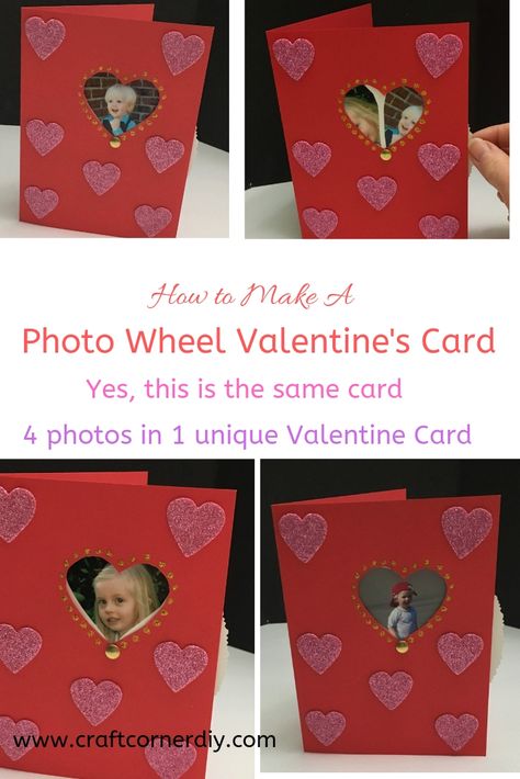 Do you need a fun, unique Valentine's Day card?  Make a Valentine's Day card with a moving photo wheel.  Simply turn the "wheel" to change the photos in your card.  Super cute DIY Valentine's card that will be cherished for years.  www.craftcornerdiy.com Photo Wheel, Hallmark Recipes, Valentines Day Cards Diy, Pinterest Valentines, Valentine Card Crafts, Roses Valentine, Homemade Valentines Day Cards, Diy Valentines Cards, Valentine Picture