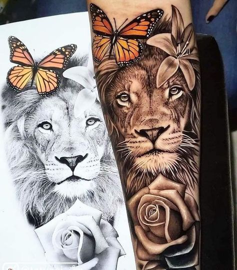 43 Tatuaje de Leon en antebrazo con mariposa emperador naranja rosa gris Jungle Sleeve, Animal Tattoos For Women, Lioness Tattoo, Lion Tattoo Sleeves, Lion Head Tattoos, Tattoos For Women Flowers, Hip Tattoos Women, Forearm Tattoo Women, Leg Tattoos Women