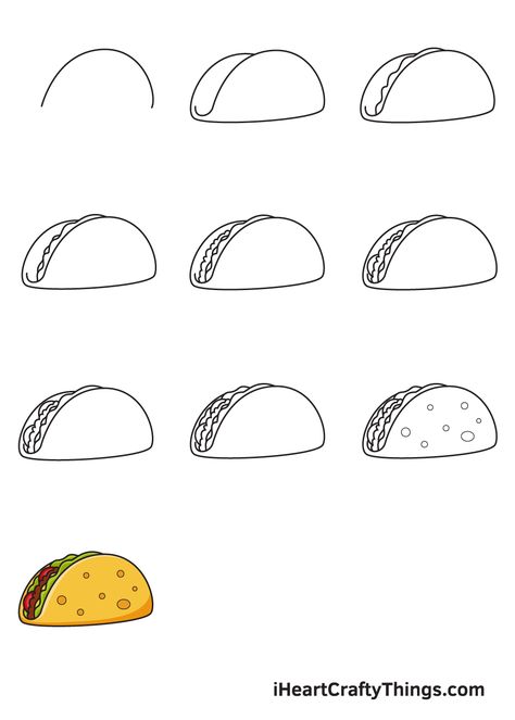 How to Draw a Taco – Step by Step Guide Simple Taco Drawing, Taco Drawing Easy, Rainbow Tacos, Taco Drawing, Tacos Mexicanos, 30 Day Drawing Challenge, Food Doodles, Sketching Tips, Canvas Painting Designs