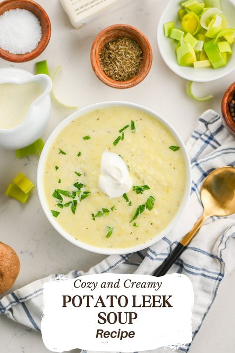 Potato Leek Soup is a creamy, cozy classic. This easy to make recipe with potatoes, leeks and cream is a family favorite. Potato Leek Soup Recipe, Recipe With Potatoes, Creamy Potato Leek Soup, Leeks Soup Recipes, Leek And Potato Soup, Creamed Leeks, Potato Leek, Potato Leek Soup, Leek Soup