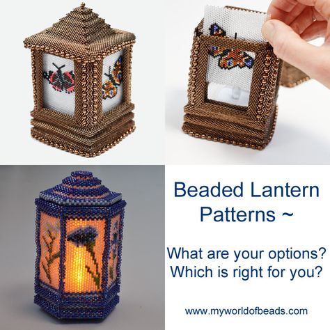 Beaded Lantern Decor, Beaded Tealight Covers, Beaded Boxes Tutorial, Beaded Boxes Pattern Free, Beaded Lantern, Beaded Cube Pattern, Free Beading Tutorials, Seed Bead Art, Beaded Christmas Decorations