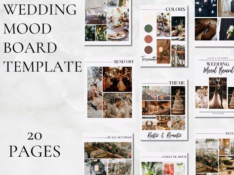 This wedding mood board template is the perfect way to start planning your dream wedding. With just a few clicks, you can create a visual representation of your vision, including everything from the color scheme to the venue. Simply add your favorite images, fonts, and colors, and you'll have a beautiful and inspiring mood board to guide your planning process. Canva Wedding, Mood Board Template, Wedding Moodboard, Board Template, Wedding Planning Guide, Wedding Vision, Planning Guide, Wedding Mood Board, Visual Representation