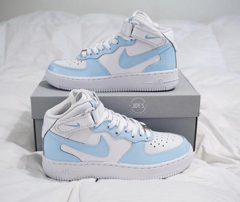 Blue Custom Air Force 1, High Top Nikes, Light Blue Sneakers, Baby Blue Shoes, Air Force 1 High Tops, Blue High Tops, Nike Shoes Air Force, Preppy Shoes, All Nike Shoes