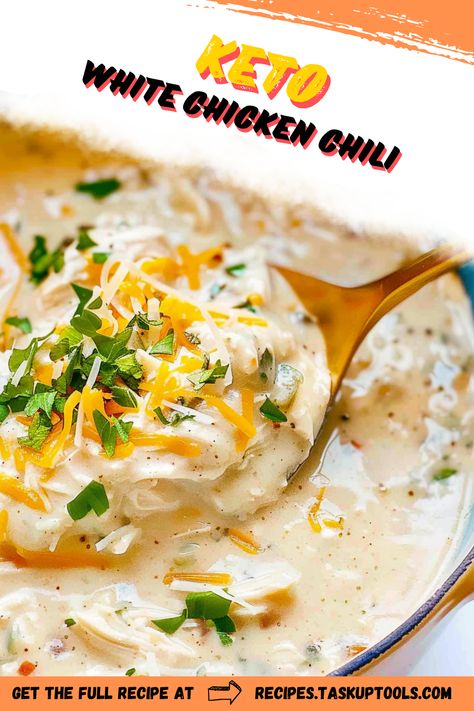 Dive into our hearty and low-carb Keto White Chicken Chili recipe! Loaded with tender chunks of chicken, rich spices, and creamy goodness, it's the ultimate comfort food for keto dieters. Follow us for more mouthwatering and guilt-free keto meals. #KetoRecipe #WhiteChickenChili #KetoMeal #EasyKeto #HealthyComfortFood Keto Creamy Buffalo Chicken Soup, Keto Creamy Buffalo Chicken Enchilada Soup, Keto White Chicken Chili Crock Pot, Keto Connect Recipes, Keto Chicken Soup Recipes Low Carb, Keto Chicken Chili Recipes, Keto Chicken Stew Recipes, White Chicken Chilli Recipes, White Chicken Chili Keto