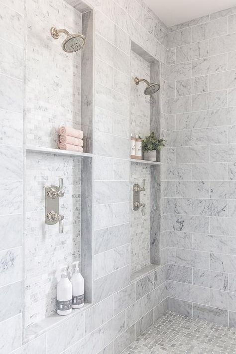 ᗩᑎᑎ ♡ Master Bath With Double Shower Heads, Double Shower Head With Niche, Shower Long Shelf, Luxury Built In Bathtub, Master Bath Niche Ideas, Bathroom Shower Next To Toilet, Trench Drain Shower Pan, Master Bath Double Shower Head, Double Shower Head Master Baths Bathroom