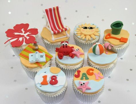 Beach Themed Birthday, Beach Theme Cupcakes, Novelty Cupcakes, Vanilla And Chocolate Cupcakes, Beach Cupcakes, Summer Cupcakes, Sea Cakes, Beach Cakes, Holiday Cupcakes