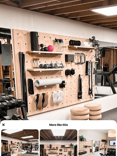 Wall Gym Storage, Home Gym Storage Wall, Peg Board Workout Wall, Peg Board Gym Storage, Home Gym Wall Storage, Gym Wall Storage, Patio Gym, Mini Gym At Home, Mini Gym At Home Ideas