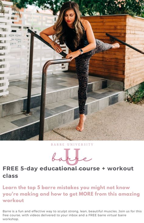 BarreU is a FREE 5-day educational series focused on one of my favorite workouts of all time: barre. In this course, I’ll be sharing tips and tricks in daily quick videos, and cap it all off with a LIVE Zoom workout on Saturday, April 3 at 9am PST (noon EST). | Barre Workouts | The Fitnessista Leg Strengthening Exercises, Total Body Workout Routine, Barre Workout Video, Fitness Change, Cardio Barre, Barre Workouts, Card Workout, Arm Workout Women, Bum Workout