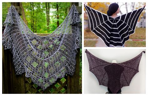 Halloween Web Shawl Free Crochet Patterns & Paid Bat Wing Shawl Crochet Pattern, Crochet Bat Cape Pattern Free, Bat Wing Crochet Shawl, Crochet Wing Shawl Pattern Free, Crochet Bat Sweater, Crochet Halloween Wearables, Crochet Bat Wings Free Pattern, Spider Web Shawl, Goth Crochet Patterns Free