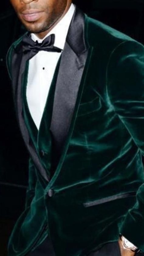 Man is wearing a velvet dark green three piece tuxedo with a white collard shirt and a black bowtie. Three Piece Tuxedo, Tuxedo For Wedding, Custom Tuxedo, Green Tuxedo, Dark Green Velvet, Men Party, Suit For Men, Suit Covers, Bespoke Suit