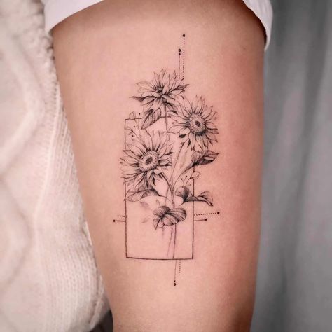 40 Beautiful Sunflower Tattoo Ideas for Men & Women in 2023 No Lines Tattoo, Fine Line Tattoo Floral Geometric, Fine Line Sunflower Tattoo Design, Daisy Tattoo Geometric, Daisy Tattoo Arm, 3 Sunflower Tattoo, Flower Tattoos Geometric, Sunflower Fine Line Tattoo, Geometric Sunflower Tattoo