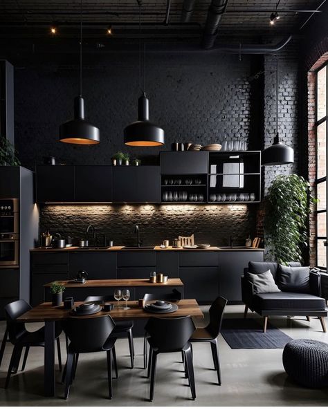 Black Cabinetry, Modern Industrial Kitchen, Faux Brick Panels, Серая Кухня, Dining Room Industrial, Japandi Living, Mid Century Modern Scandinavian, Industrial Style Kitchen, Loft Interior