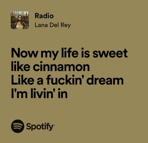 Song Lyrics Quotes Lana Del Rey, Lana Del Rey Affirmations, Sweet Like Cinnamon Lana Del Rey, Radio Lana Del Rey Spotify, Lana Del Rey Radio Lyrics, Lana Del Rey Writing, Radio Lana Del Rey Aesthetic, Lana Song Lyrics, Lana Del Rey Spotify Lyrics