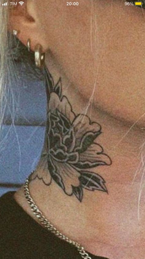 Flower On Face Tattoo, Jaguar Neck Tattoo, Peony Tattoo Neck, Traditional Flower Neck Tattoo, Side Neck Tattoo Women, Shoulder Neck Tattoos Women, Peony Neck Tattoo, Women’s Neck Tattoo, Neck Flower Tattoo