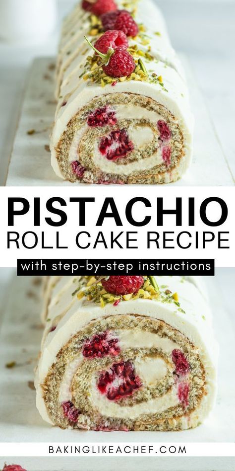 Sliced pistachio roll cake on a serving board. Xmas Cake Recipes, Jelly Rolls Recipe, Christmas Cake Roll, Yule Log Cake Recipe, Roll Cake Recipe, Raspberry Pistachio, Roulade Recipe, Jelly Roll Cake, Swiss Roll Cakes