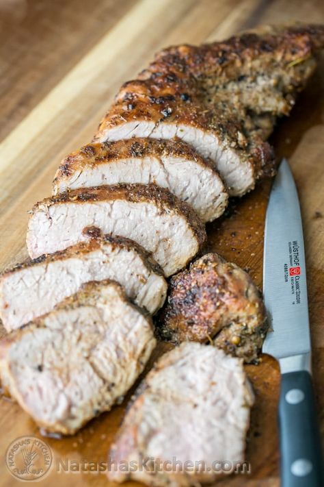 A tried and true, quick and easy method for roasted pork tenderloin. So juicy, tender & delicious! | NatashasKitchen.com Publix Meals, Pork Lion Recipes, Pork Tenderloin Oven, Roasted Pork Tenderloin Recipes, Baked Pork Tenderloin, Roasted Pork Tenderloin, Pork Tenderloin Recipe, Fit Recipes, Roasted Pork Tenderloins