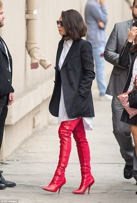 Hair, there and everywhere: The Ted star's hairstylist Renato Campora used Schwarzkopf Professional products to style her shoulder length, brunette locks into loose, messy waves Red Boots Outfit, Fendi Boots, Over The Knee Boot Outfit, Knee Boots Outfit, High Boots Outfit, Coat Street Style, Mila Kunis, Kristen Bell, Red Boots