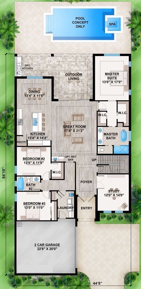 Florida Plan: 2,775 Square Feet, 4 Bedrooms, 3 Bathrooms - 207-00077 Home Planning Ideas, House Design Normal, House Layout With Pool, House Layout Plans 4 Bedroom, European Modern House, Beach Villa Floor Plan, Bloxburg Villa, Cute House Ideas, 3 Bedroom Floor Plans