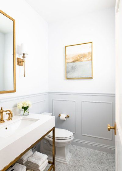 Transitional Powder Room by KasaMia Interiors Bad Inspiration, Powder Room Design, Transitional Bathroom, Home Luxury, 아파트 인테리어, Downstairs Bathroom, Glass Shelf, Brass Hook, Bathroom Renos