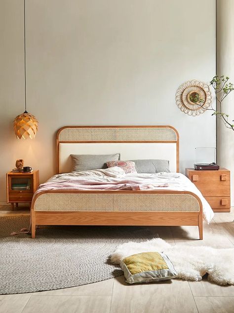 Cane Bed Design, Cane Bed Frame, Vintage Bedframe, Bamboo Furniture Bedroom, Cali Bedroom, Bedroom Simple Modern, Modern Double Beds, Rattan Bed Frame, Home Study Rooms