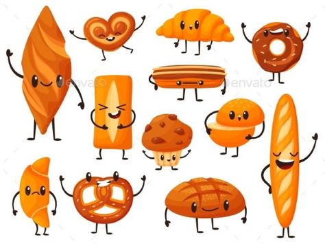 Funny Bread Characters Variety Breads with Cartoon Faces, Graphic Patterns, Bread, Comics, Funny