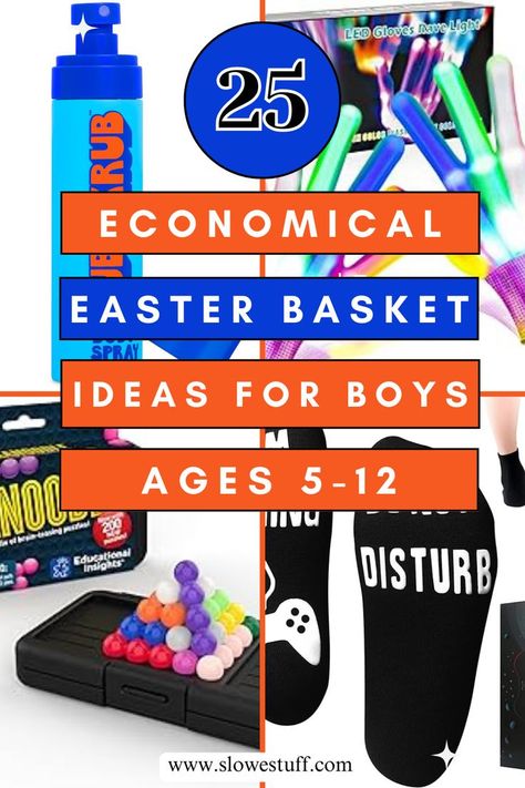 Images of toys with a banner overtop that says Easter Basket Ideas for Boys for ages 5-12 with the website www.slowestuff.com listed Inexpensive Easter Basket Ideas, Inexpensive Easter Gifts, Easter Basket Ideas For Boys, Easter Bunny Template, Unique Easter Baskets, Easter Bunny Costume, Fun Easter Baskets, Boys Easter Basket