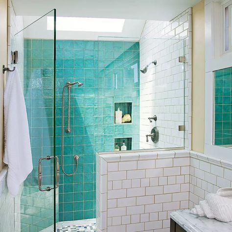 Showering Tips, Bathroom Shower Design Ideas, Remove Mold From Shower, Partial Wall, Shower Design Ideas, Shower Aesthetic, Turquoise Bathroom, Blue Bathroom Tile, Bathroom Shower Design