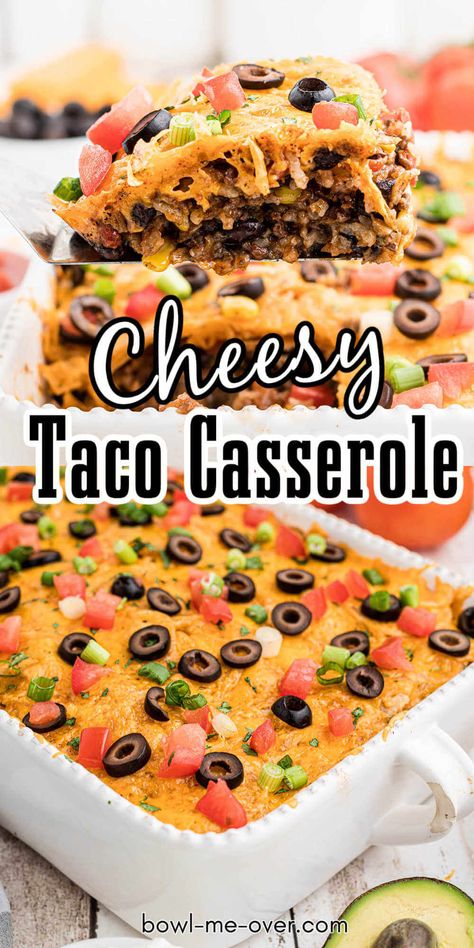 This Cheesy Taco Casserole is a real crowd pleaser! If you're looking for an easy weeknight meal that is both delicious and satisfying, you'll enjoy this dish! This dish is simple to make and can be tailored to your liking by using your favorite taco toppings. All the flavors of your favorite taco baked into a delicious dinner! Taco Burrito Casserole, Taco Fiesta Casserole, Taco Casserole Bake With Rice, Cheesy Taco Casserole Recipes, Easy Taco Casserole Bake, Taco Noodle Casserole Bake, Cheesy Taco Bake, Make Ahead Taco Casserole, Cheesy Taco Casserole