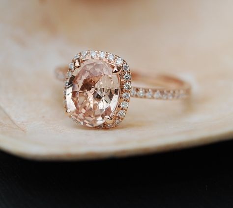 Peach Champagne Sapphire, Champagne Sapphire, Peach Sapphire Rings, Cheap Engagement Rings, Peach Sapphire, Ring Rosegold, Unique Diamond Rings, Rose Gold Diamond Ring, Curved Wedding Band