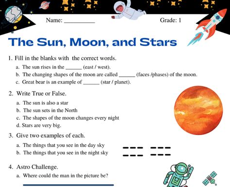 The sun, moon, and stars class 1 science worksheet. Download The sun, moon, and stars class 1 science worksheet in pdf based on the latest CBSE Syllabus including fill in the blanks, give examples, hots questions and long questions on sun, moon and the stars. Year 1 Science Worksheets, Class 2nd Hindi Worksheet, Evs Worksheet For Class 1, Grade 1 Syllabus, Class 1 Science Worksheet, Sun And Moon Activities For First Grade, Class 2nd Gk Worksheet English, Strawberry Project, Evs Worksheet