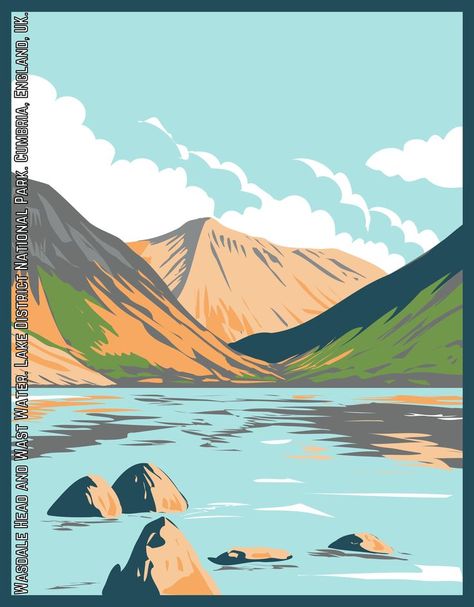 Wasdale Head and Wast Water. Lake District National Park. Cumbria, England, United Kingdom. England Tattoo, Cumbria England, Wpa Posters, Lake District England, Lake District National Park, Art Deco Poster, Deco Poster, Art Deco Posters, England Uk