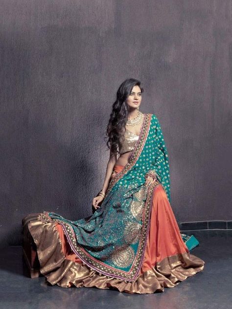 Pakistani Lehenga, Orange Lehenga, Bridal Lehenga Designs, Teal And Orange, Desi Clothes, Pakistani Wedding Dresses, Indian Couture, Lehenga Designs, Indian Attire