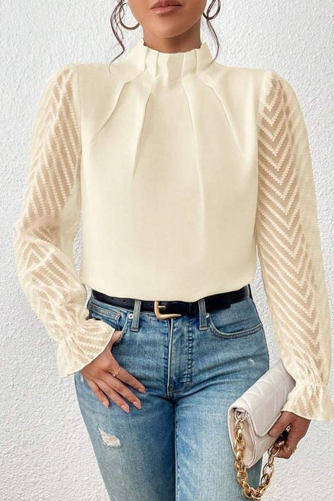 Chiffon Blouses, Casual Chique, Mock Neck Blouse, Chiffon Long Sleeve, Flounce Sleeve, Chiffon Shirt, Turtle Neck Top, Chiffon Blouse, Outfit Casual