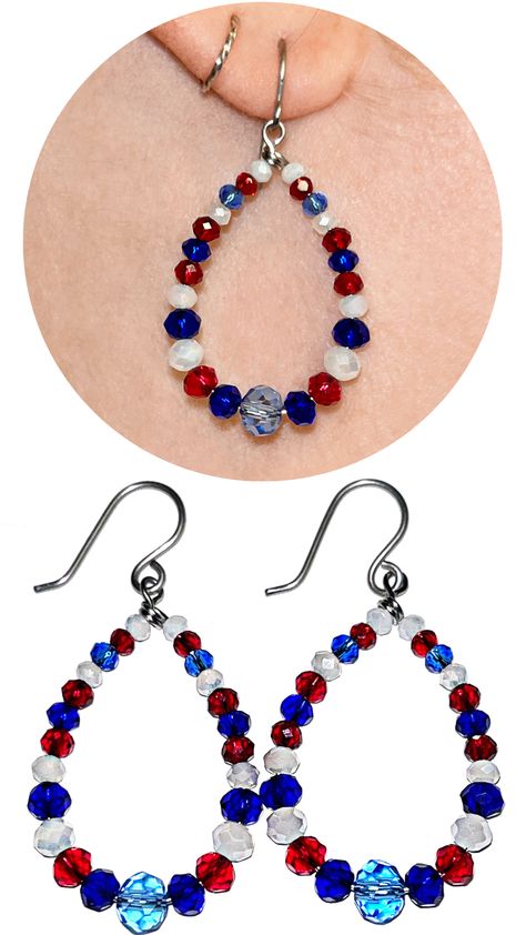 These elegant patriotic earrings are sure to get you in the 4th of July mood! With faceted red, white, and blue beads, these teardrop shaped earrings will be the perfect patriotic compliment to your Independence Day outfit, or for any day when you want to celebrate being proud to be an American. They hang approximately 1.8 inches long and are made with durable stainless steel, which is hypoallergenic and perfect for anyone who skin sensitivities. Red White And Blue Beaded Earrings, Fourth Of July Earrings, Independence Day Outfit, Macrame Earrings Tutorial, Proud To Be An American, Patriotic Earrings, Blue Beaded Earrings, Holiday Beading, Diy Jewelry Earrings