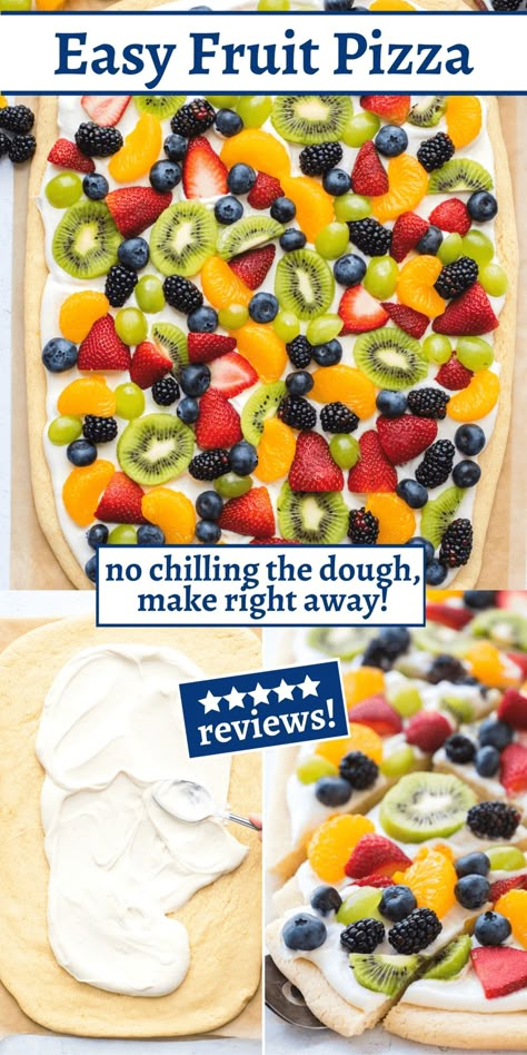 In just 6 easy steps, make this easy fruit pizza that will seriously impress your family and friends. With an irresistible homemade sugar cookie crust, cream cheese frosting and a variety of fruit, this family favorite fruit pizza won’t last long once you try the first bite! Fruit Pizza Dough, Fruit Pizza Crust, Fruit Sugar Cookies, Fruit Pizzas, Mini Fruit Pizzas, Easy Fruit Pizza, Recipe With Cream Cheese, Fruit Pizza Sugar Cookie, Sugar Cookie Crust