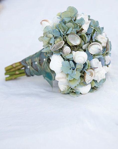 Hydrangea and Seashell Bouquet | MDS Florist in NJ makes the… | Flickr Blue Hydrangea Bouquet, Shell Bouquet, Little Mermaid Wedding, Beach Bouquet, Seashell Bouquet, Seashell Wedding, Sea Wedding, Ocean Wedding, Hydrangea Bouquet