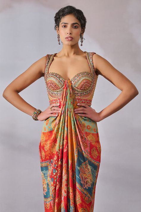 Buy Multi Color Double Viscose Georgette Printed Phulkari Sweetheart Draped Jumpsuit For Women by Tarun Tahiliani Online at Aza Fashions. Georgette Jumpsuit, Draped Jumpsuit, Fusion Dress, Top Lehenga, Indian Designs, Diwali Outfits, Indian Colours, Traditional Blouse Designs, Lehenga Blouse Designs