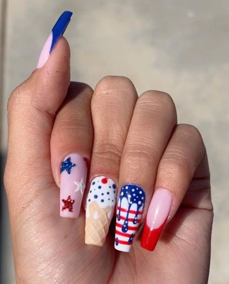 Summer Nails Patriotic, Memorial Day Acrylic Nail Designs, Patriotic Acrylic Nails, Memorial Weekend Nails, Bbq Nails, July 4 Nail Design, July 4 Nails, 4th Of July Nail Ideas, Memorial Day Nails