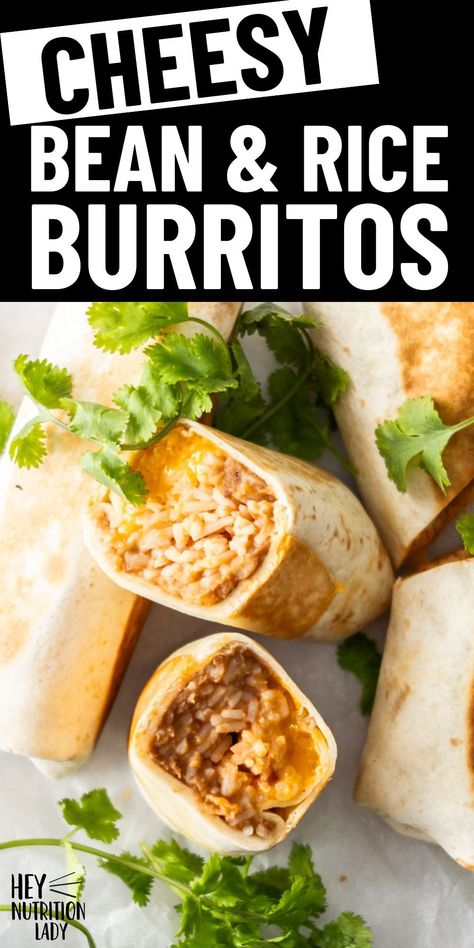 Cheesy Bean and Rice Burritos are the perfect quick and easy meal! Made with refried beans, super simple seasoned rice, and sharp cheese, this is the perfect vegetarian meal for busy nights or on the go. Bean And Rice Burrito Recipe, Bean Cheese Rice Burrito, Cheesy Bean And Rice Burrito Taco Bell, Refried Bean Burrito Recipe, Beans And Rice Burrito, Bean And Cheese Burrito Recipe, Cheesy Bean And Rice Burrito, Burrito With Rice, Bean And Rice Burrito