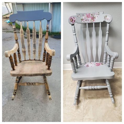 Childs Rocking Chair Makeover, Refurbish Rocking Chair Diy, Painting Wooden Rocking Chair, Decoupage Rocking Chair, Diy Painted Childs Rocking Chair, Rocking Chair Makeover, Rocking Chair Nursery, Painted Furniture Colors, Sewing Room Organization