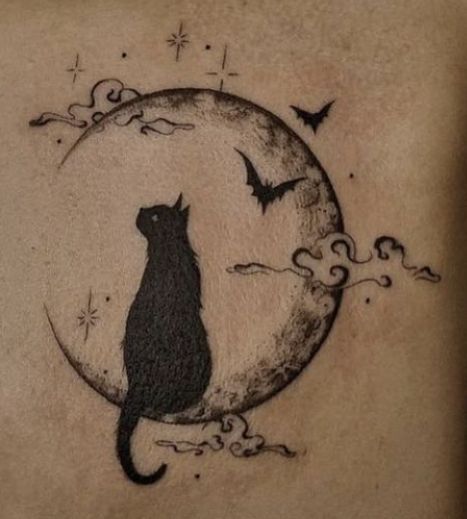 My Tattoo Aesthetic, Black Cat On Moon Tattoo, Cat With Witch Hat Tattoo, Salem Cat Tattoo, Oddity Drawing, Witchy Cat Tattoo Ideas, Cat Tattoo Big, Gothic Tattoo Style, Cat Sitting On Moon Tattoo