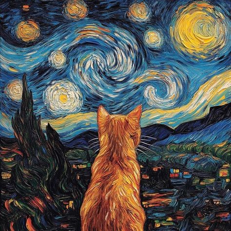 Spooky Starry Night, Starry Night Pumpkin Painting, Orange Cat Painting Easy, Van Gogh Paintings Starry Nights, Stary Nights Paintings, Halloween Van Gogh, The Starry Night Painting, Cat Starry Night, Notebook Wallpaper