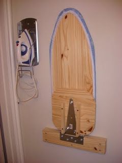 A Little Tipsy: DIY Wall Mounted Ironing Board  (make to fold down over washer in laundry closet) Ironing Board Diy, Wall Mount Ironing Board, Diy Ironing Board, Wall Mounted Ironing Board, Diy Muebles Ideas, Ironing Boards, Diy Wand, Ironing Board, Sewing Rooms