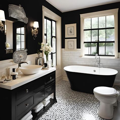 Black Bathroom Ideas to Elevate Your Home Decor Black Bathtub Bathroom Ideas, Black Bathtub Bathroom, Bathroom With Black Floor, Cream And Black Bathroom, Beige And Black Bathroom, Bathtub Bathroom Ideas, Black Bathroom Ideas, Bathroom Ideas Beige, Pink And Black Bathroom