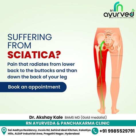 Find natural relief from sciatica pain with our Ayurvedic treatments. Our skilled doctor offers personalized care to alleviate discomfort and enhance your well-being. Experience holistic healing for long-lasting relief! Sciatica Pain, Sciatica, Holistic Healing, Lower Back, Ayurveda, Well Being, Long Lasting, Healing