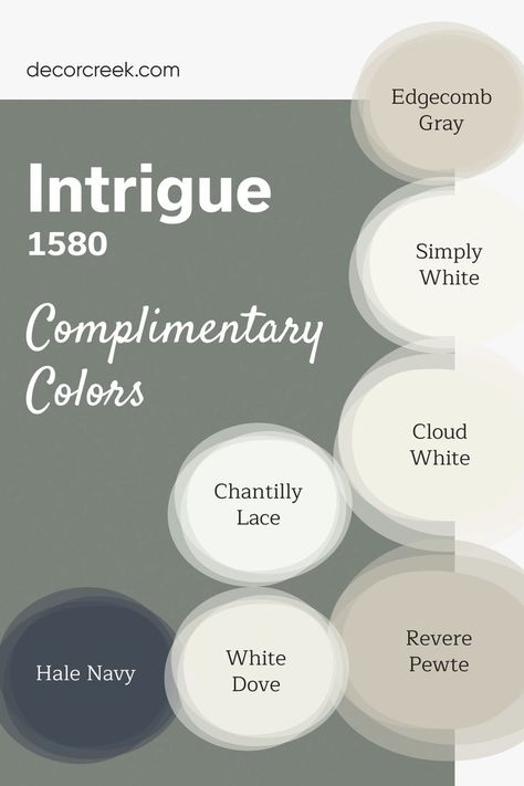 Intrigue by Benjamin Moore is a rich, captivating color that pairs beautifully with light and neutral tones. White Dove, Chantilly Lace, and Simply White offer a clean contrast, while Edgecomb Gray and Revere Pewter provide soft, neutral balance. For a bold, dramatic accent, Hale Navy works perfectly, and Cloud White adds gentle brightness to complete the palette. This combination creates a striking yet harmonious look for any space. Cloud White Complimentary Colors, Cloud White Coordinating Colors, Benjamin Moore White Dove Complimentary Colors, White Dove Complimentary Colors, Chantilly Lace Coordinating Colors, Edgecomb Gray Coordinating Colors, Kitchen Color Palette Ideas, Guest Washroom, Benjamin Moore Chantilly Lace