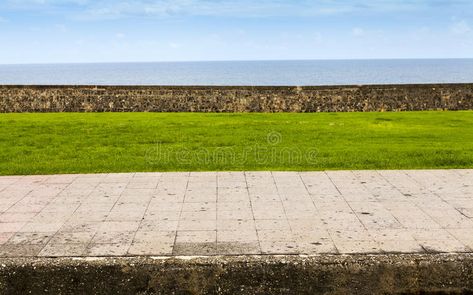 Sidewalk. Side view with ocean in background , #Ad, #Side, #Sidewalk, #view, #background, #ocean #ad Sidewalk Background, Background Ocean, View Background, Ocean Backgrounds, Travel Brochure Template, Outdoor Lawn, Travel Brochure, Walkway, Side View