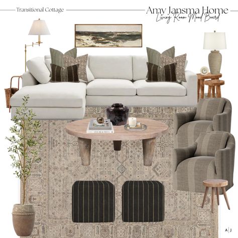 Cottage Mood Board, Furniture Mood Board, Minimal Livingroom, Transitional Cottage, Designer Living Room, Cottage Living Room, Neutral Home Decor, White Couches, Designer Living