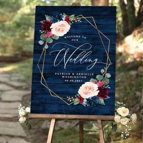 $65.90 | Navy Rustic Wood Blush Welcome to Our Wedding Sign #welcome to our wedding, wedding, country blush pink botanical roses, navy blue barn wood grain, burgundy red floral watercolor themed, geometric, rustic, eucalyptus greenery boho fall leaves, burgundy, navy blue Navy Blue Maroon Blush Pink Wedding, Burgundy And Navy Wedding Decorations, Navy And Burgundy Wedding, Navy Blue And Gold Wedding, Grain Background, Welcome To Our Wedding Sign, Blue Barn, Welcome Wedding Sign, Maroon Wedding